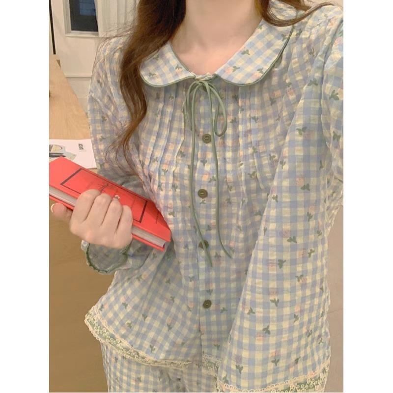 ins绿色格子睡衣女春秋季新款长袖长裤少女甜美可外穿家居服套装