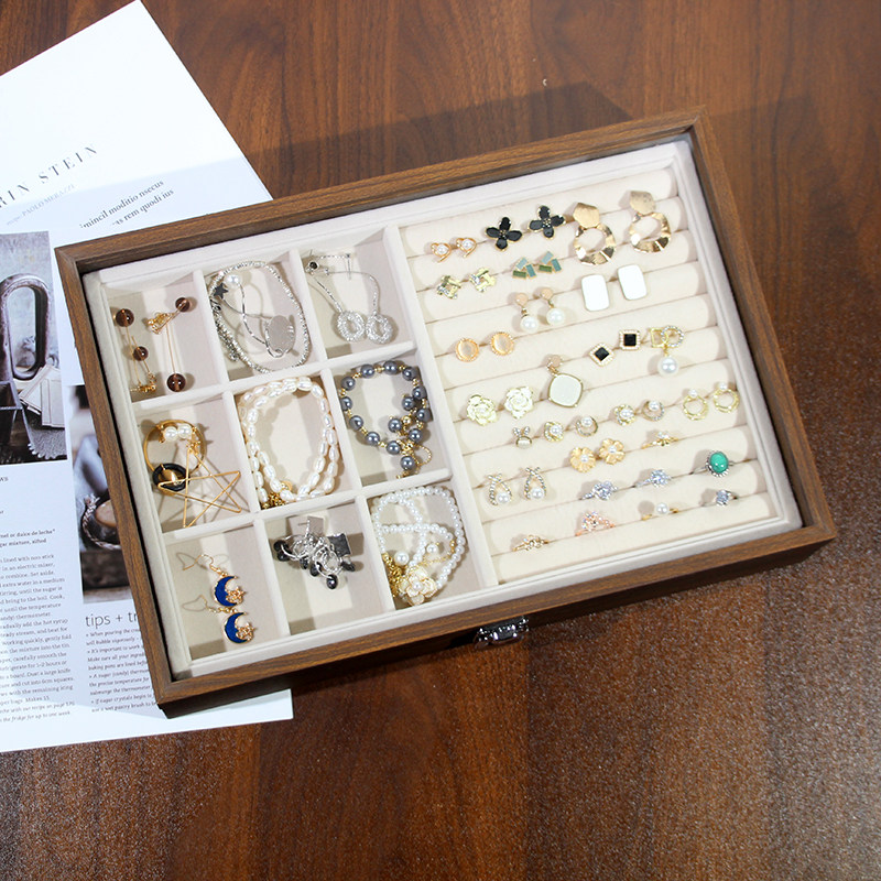 双层胡桃木纹饰品收纳盒子耳钉耳环展示架戒指手链手镯首饰项链盘