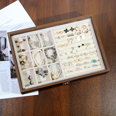 双层胡桃木纹饰品收纳盒子耳钉耳环展示架戒指手链手镯首饰项链盘