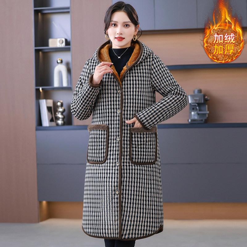 中老年棉衣加绒加厚中长款妈妈冬装外套连帽棉服中年女装棉袄新款