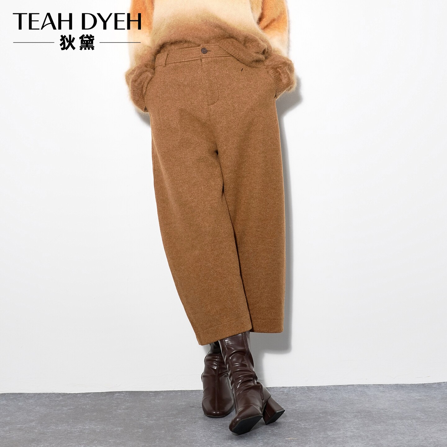 复古毛呢驼色宽松萝卜九分裤女冬