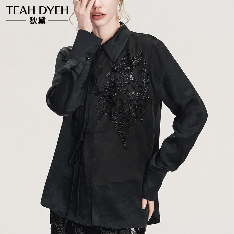 东方绝美清冷感!新中式重工刺绣钉珠斜襟提花黑色国风衬衫上衣春
