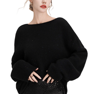 太好看了!绝美星空亮片镶钻一字肩宽松显瘦慵懒羊毛针织罩衫毛衣