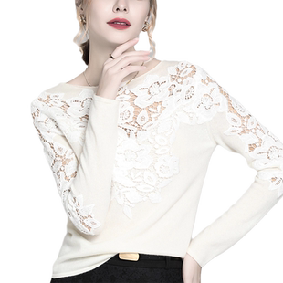 纯山羊绒衫女100拼接蕾丝刺绣一字领高级感露肩白色打底针织毛衣