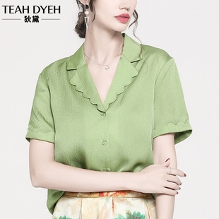 绿色真丝衬衫 法式 V领短袖 木耳荷叶边西装 洋气桑蚕丝上衣女22夏季