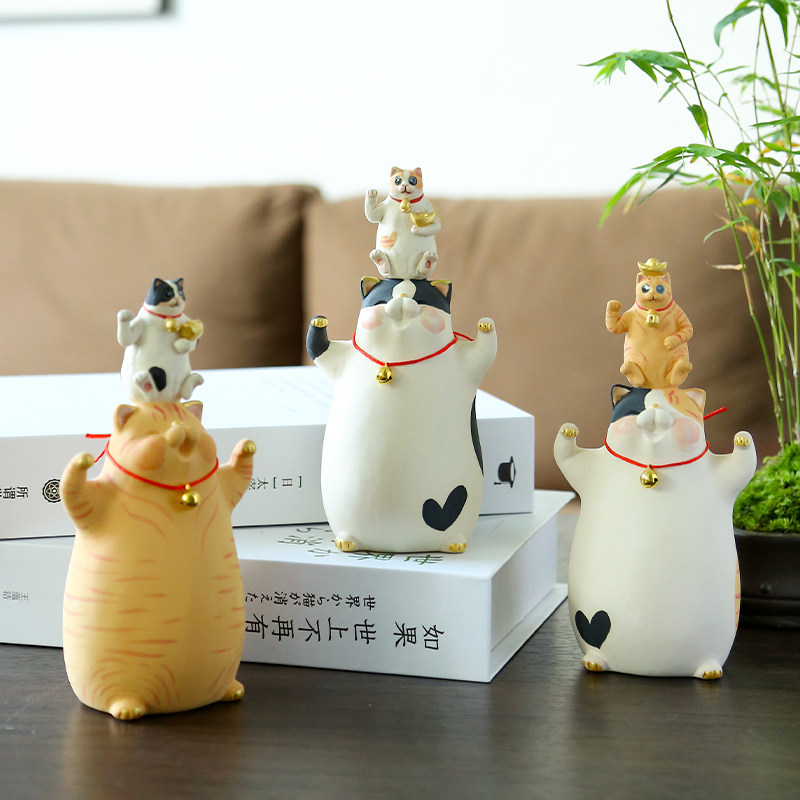 可爱手作陶瓷招财猫咪创意家居办公桌面高级感装饰摆件女生小礼物