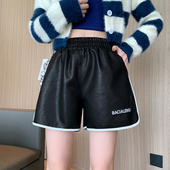 女秋冬2022新款 爆款 高腰宽松显瘦休闲裤 pu皮短裤 黑色外穿a字皮裤