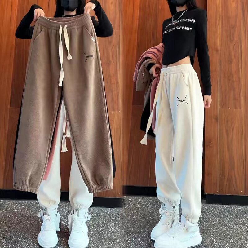 韩版字母刺绣加绒加厚运动卫裤女2023秋冬新款休闲宽松束腿哈伦裤