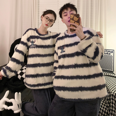 条纹情侣睡衣秋冬季两件套居家服