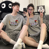 春秋夏季 家居服套装 纯棉短袖 全棉情侣睡衣女款 短裤 腊肠狗男士 薄款