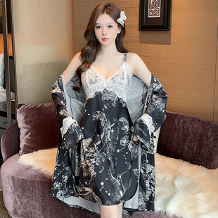 高级感轻奢女士睡衣裙吊带性感冰丝绸带胸垫长袖睡袍薄款两件套装
