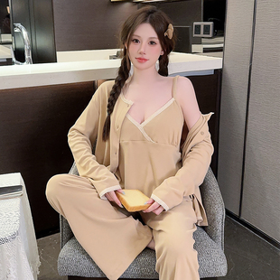 性感睡衣女士带胸垫德绒保暖加绒春秋冬季2024新款家居服三件套装