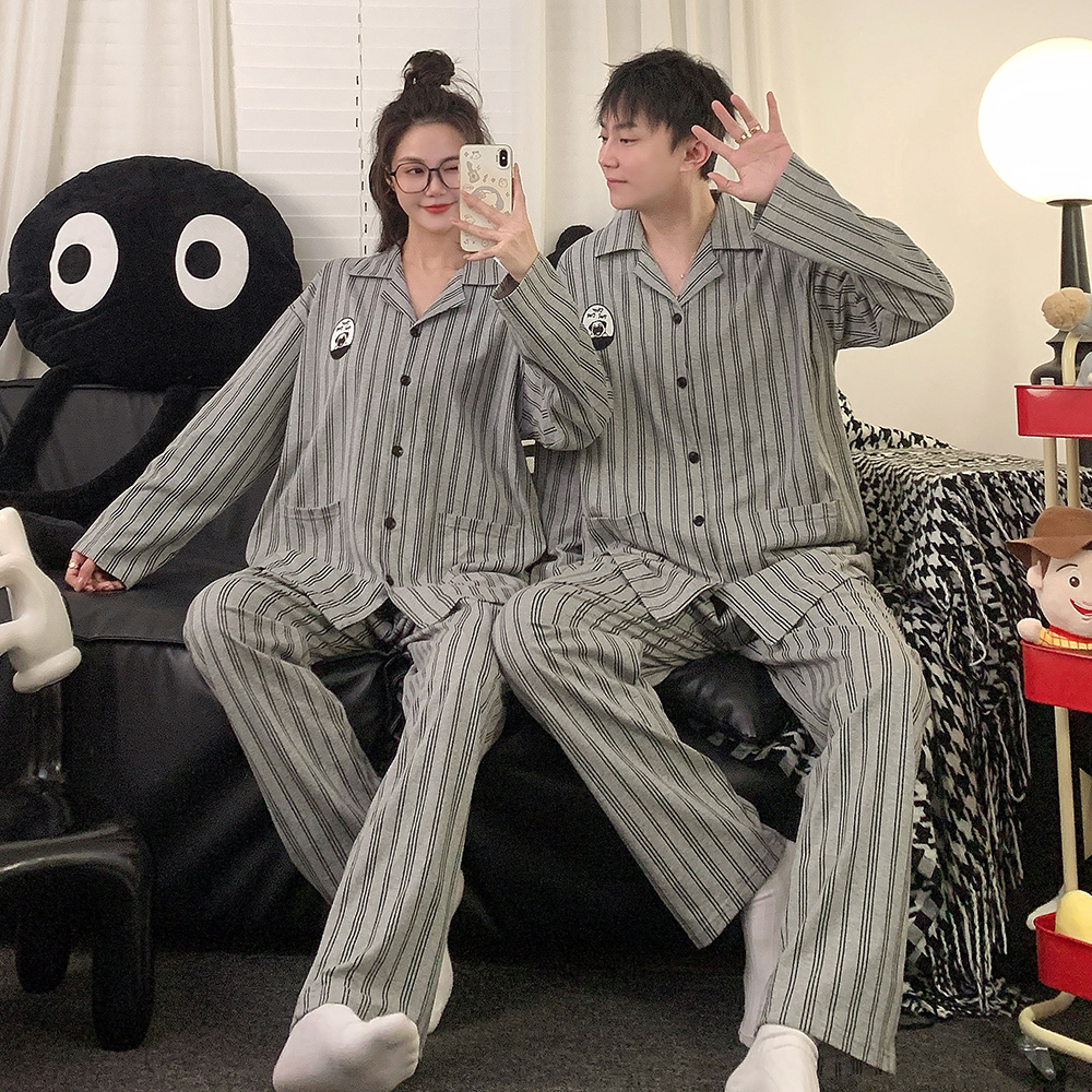 条纹法斗情侣睡衣春秋款两件套装