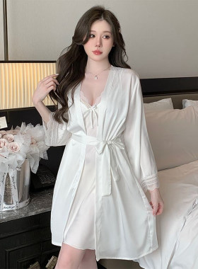 纯色简约性感吊带睡裙女士两件套