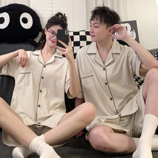 简约纯色全棉睡衣情侣装男款夏季薄款女士套装纯棉衣服短袖家居服
