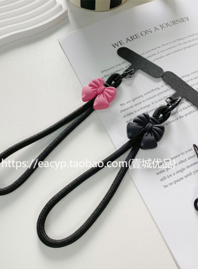 新品高级黑色蝴蝶结尼龙手机挂绳短款可手提夹片防摔防滑手机链女