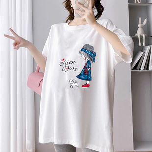 纯棉中长款 上衣新款 圆领薄款 宽松遮肚子短袖 t恤女 孕妇装 大码 夏季