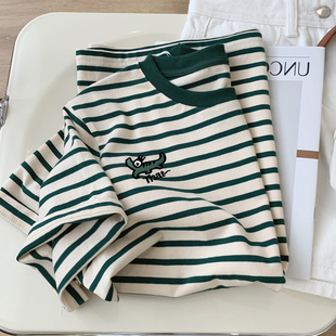 韩版 孕妇上衣夏季 遮屁股大码 t恤中长款 简约宽松上衣 纯棉条纹短袖