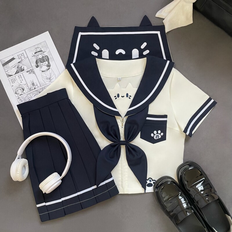 喵符音原创jk制服基础款绀白水手校服长短袖正统学院风学生女装