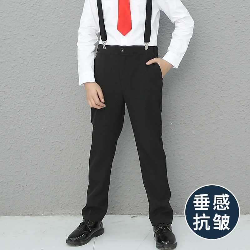 儿童西裤男童黑色长裤春秋演出服中大童小学生表演背带裤西装裤子