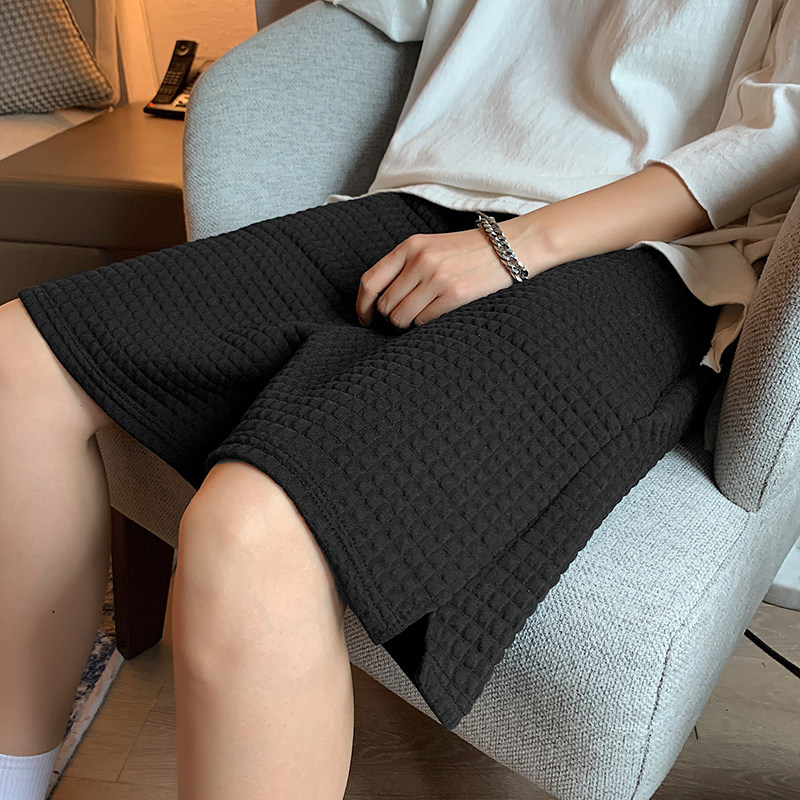 运动短裤夏宽松外穿直筒设计感小众开叉2021新款华夫格五分裤子图片