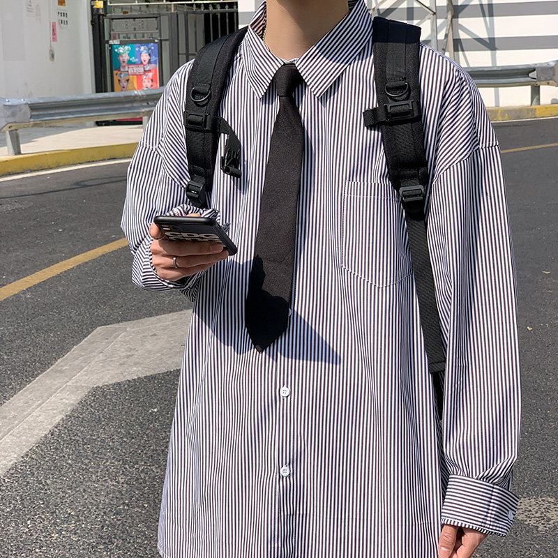 盐系衬衫雾霾蓝轻熟风男装搭配夏日穿搭ins超火病号服条纹衬衣,男装衬衫,星座601-1