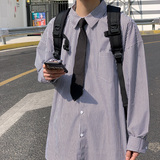 盐系衬衫雾霾蓝轻熟风男装搭配夏日穿搭ins超火病号服条纹衬衣，男装衬衫，星座601-1