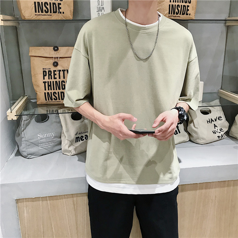 2021新款夏季男士短袖t恤韩版潮流宽松假两件T恤纯棉半袖衣服图片