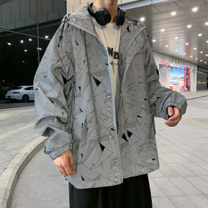 新款韩版ins潮流反光几何夹克外套日系潮牌宽松夜光冲锋衣男图片