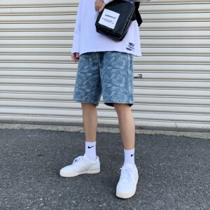 夏季装腰果花提花牛仔短裤男情侣宽松印花大码韩版潮牌五分裤图片