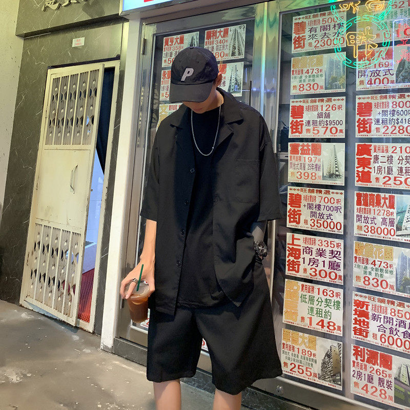 夏季套装男薄款运动休闲坠感潮牌短袖衬衫潮流韩版帅气宽松小西服，男装西服套装，星座601-1