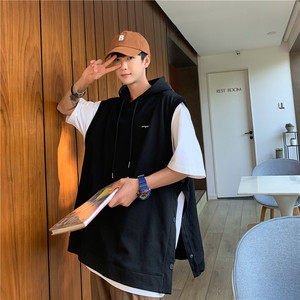 无袖扣子连帽衫背心男开叉运动薄款夏季纯色嘻哈篮球坎肩带帽t恤图片