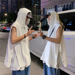 背心男夏季透气宽松坎肩白色连帽ulzzang无袖T恤棉马甲-BX50-p30图片