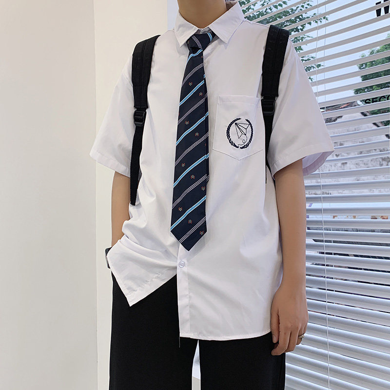 大码送领带 夏季新款很仙的短袖衬衫男宽松纯色衬衣-CS33-p35图片