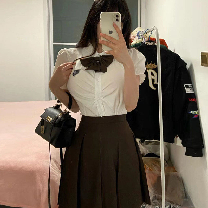 桥本环奈少女原创jk制服衬衫女辣妹短袖日系泡泡袖收腰纯欲套装