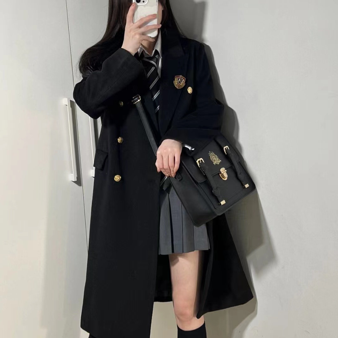 盐渍原创东大高校黑色毛呢外套女秋冬学院中长款大衣小个子JK制服