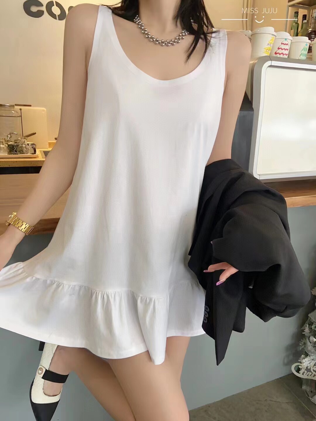 夏季薄款竹节棉圆领无袖袖连衣裙背心裙居家服睡裙打底裙中长裙