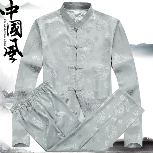 中老年人唐装男长袖功夫春秋季
