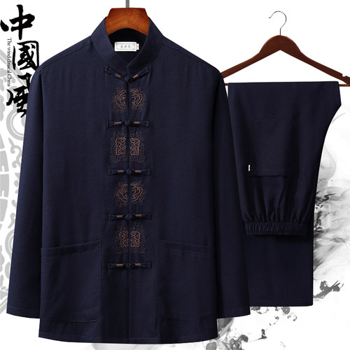 唐装春秋刺绣中式棉麻爸爸爷爷