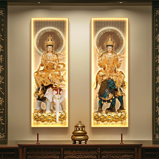 文殊菩萨普贤菩萨画像挂画站像家用供奉佛像佛龛带灯佛堂装饰壁画