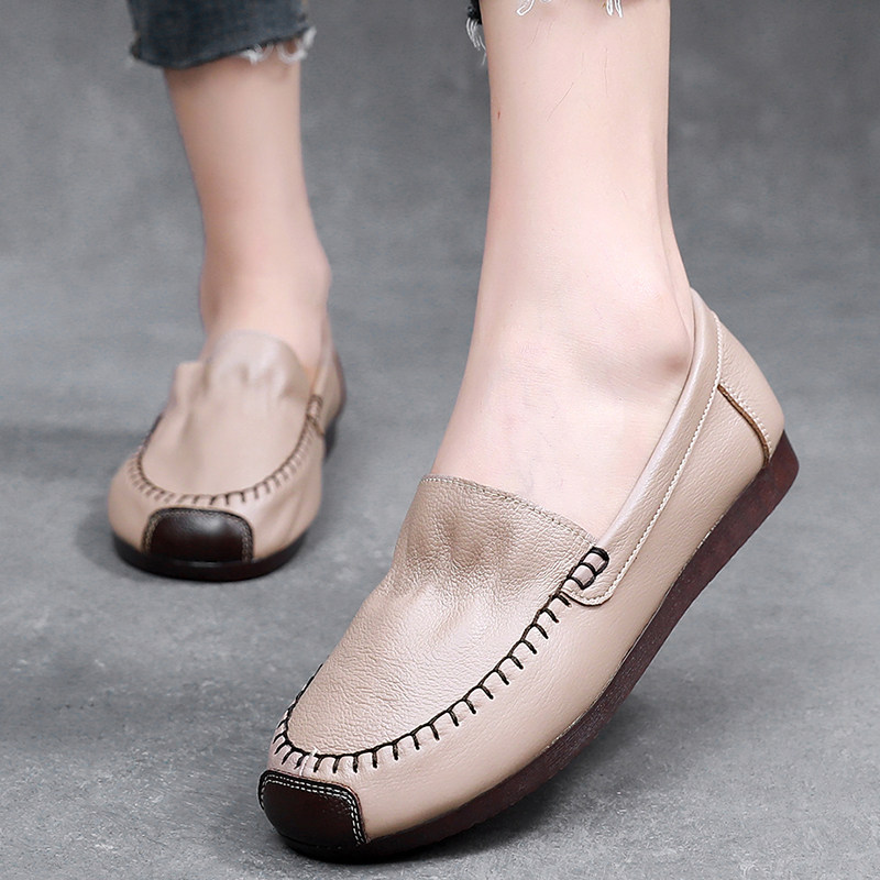 韩版平底休闲豆豆单鞋女轻便牛筋软底女式皮鞋春秋中年妈妈鞋真皮