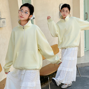 女童卫衣秋冬加绒加大码蕾丝半高领拉链上衣宽松长袖运动初中学生