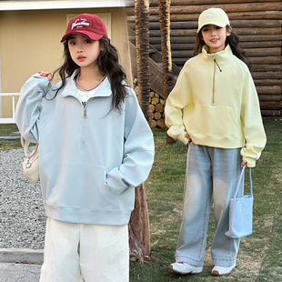 女童卫衣秋冬装加绒加大码灰宽松半拉链长袖上衣初中学生运动外套