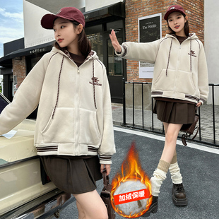 胖女童加绒加厚卫衣秋冬装中大童大码宽松连帽外套初高中女生保暖