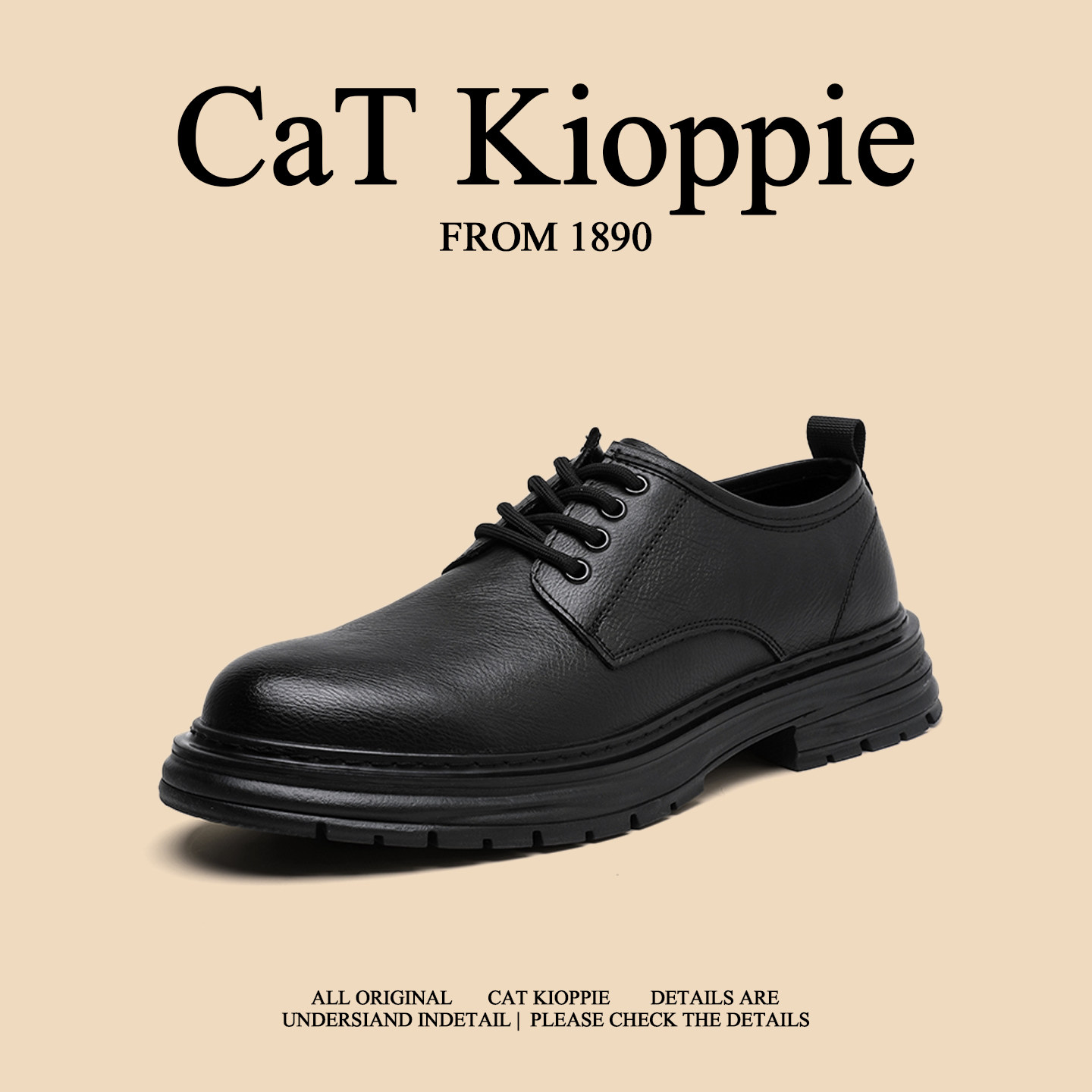 【时尚通勤】CaTKioppie商务休闲皮鞋男系带德比鞋黑色低帮真皮鞋