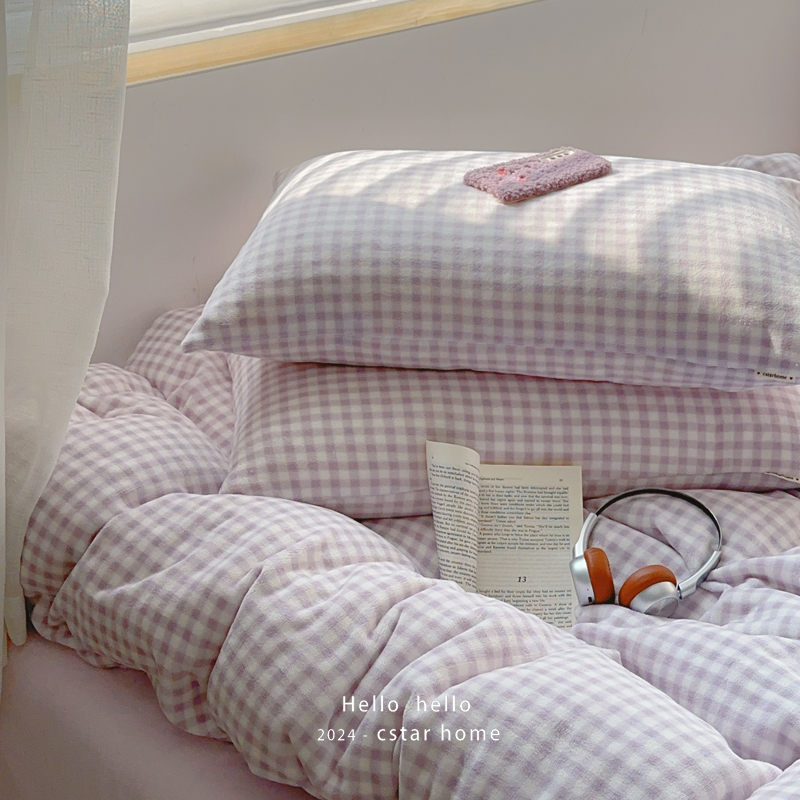牛奶绒紫小格子春秋三件套床上用品韩系法兰绒单双人被套四件套