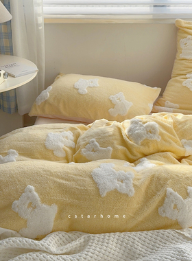 春日熊~黄色可爱小熊珊瑚绒双面绒加厚提花保暖双人1.5米床四件套