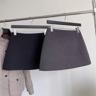 深灰色秋冬含羊毛精致复古呢料三扣A字短裤 裙黑色时髦日常宝藏款