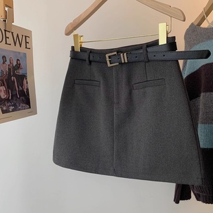 a字黑色短裙子 小个子高腰工装 灰色毛呢面料新款 半身裙女春秋冬季