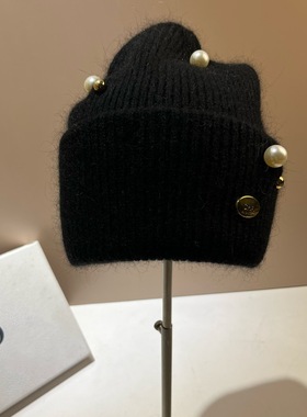 CHA小香风珍珠毛线帽秋冬保暖兔毛针织帽韩版甜美减龄防风护耳帽